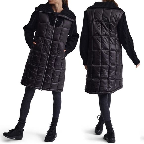 Varley Mayten Knit Puffer Jacket Black Mock Neck Zipper Ribbed Long Coat Medium - Picture 1 of 14